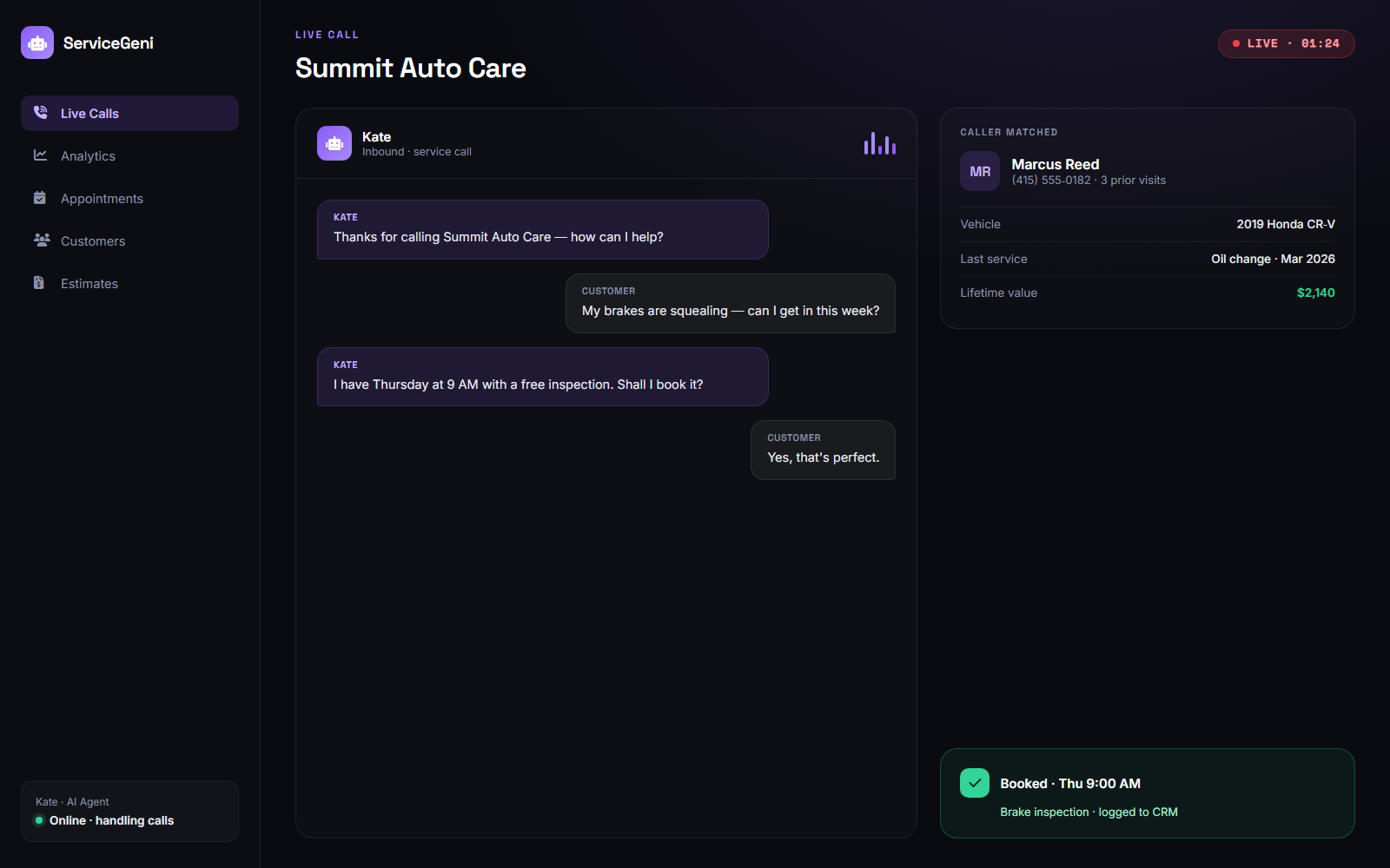 AI Calling — Kate handling a live inbound service call, with the caller matched to their vehicle history